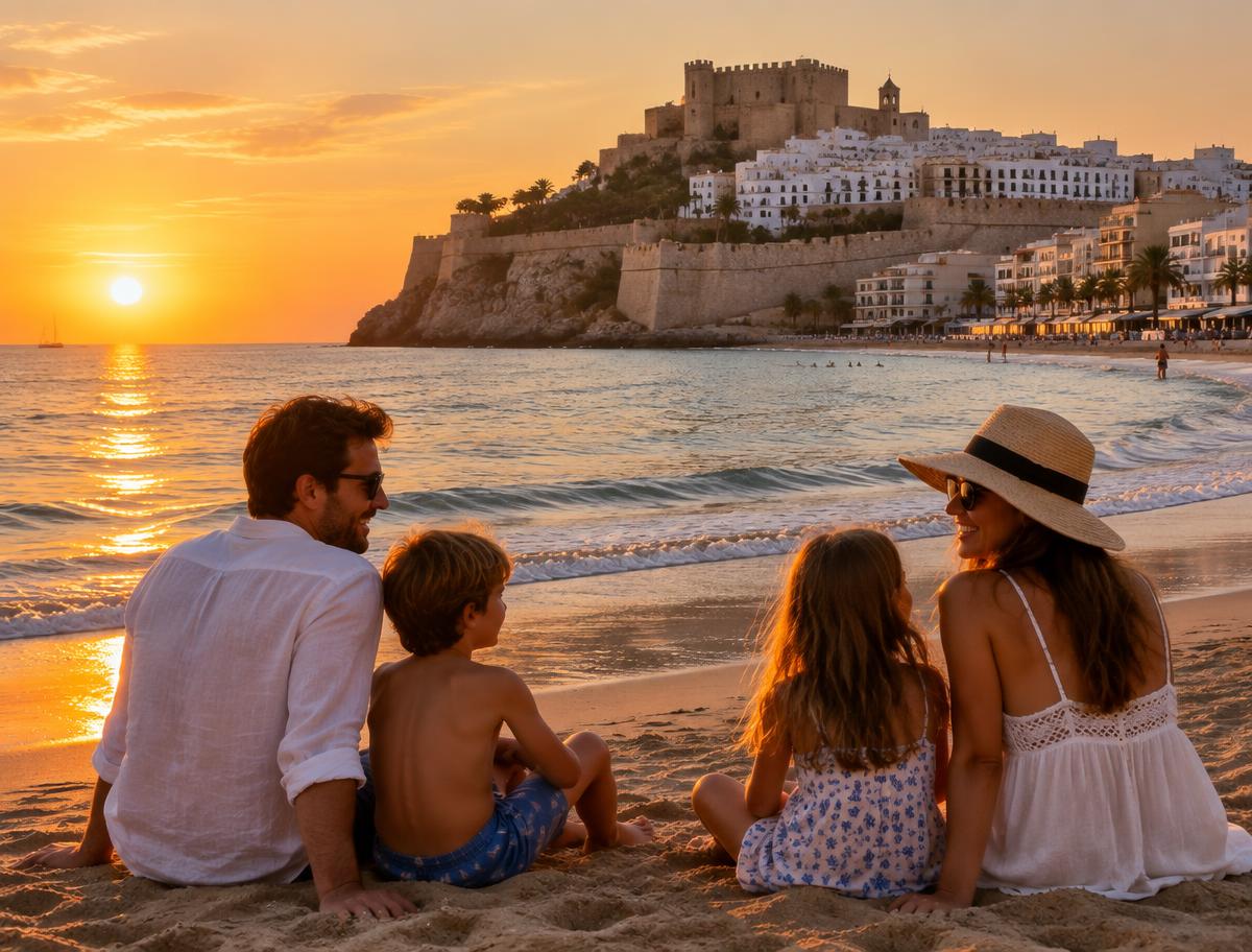Familia en la playa de Peñíscola con el castillo al fondo