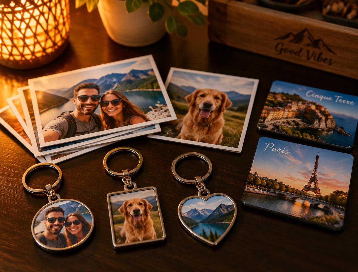 Fotos impresas, llaveros e imanes personalizados sobre una mesa