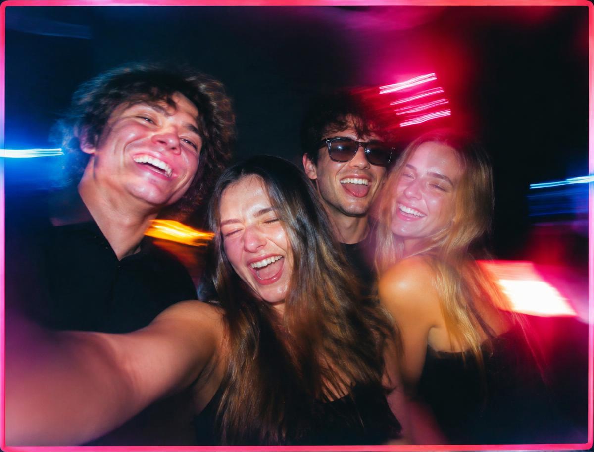 Grupo de amigos riendo durante una experiencia fotográfica con luces de colores